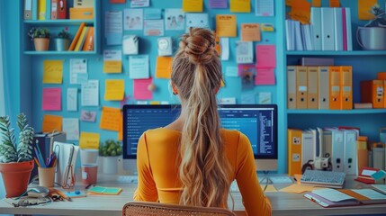 The efficient multitasking of an administrative assistant, surrounded by a colorful array of office supplies and computer screens, Their organized workspace is a hub of productivity. Generative AI.
