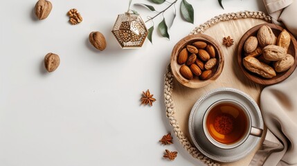 Still Life With Tea, Nuts And Anise On White Background.