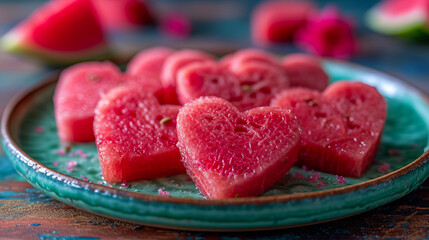 Naklejka na ściany i meble Watermelon slices creatively cut into heart shapes