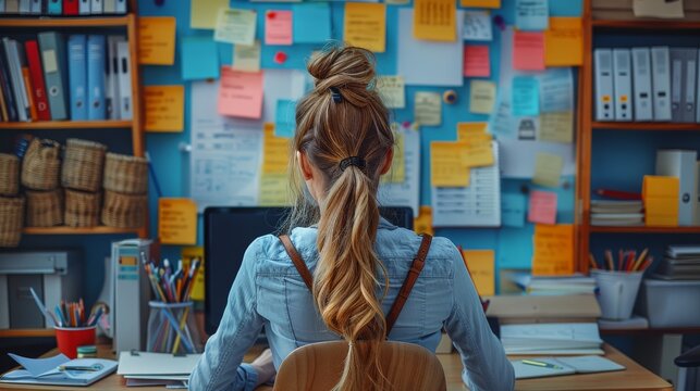 The efficient multitasking of an administrative assistant, surrounded by a colorful array of office supplies and computer screens, Their organized workspace is a hub of productivity. Generative AI.