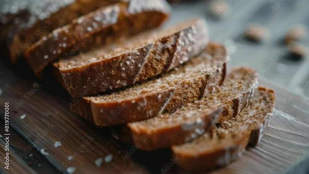 Aufkleber a close up of a loaf of bread with a few slices missing. the bread is brown and has a slightly crunc