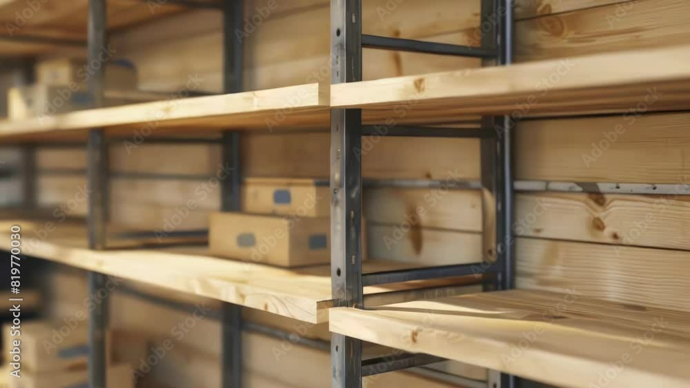Poster a wooden shelf with boxes on it. the boxes are stacked on top of each other. the shelf is full of bo
