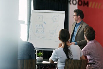 Businessman, presentation or training for meeting, brainstorm or company strategy with planning....
