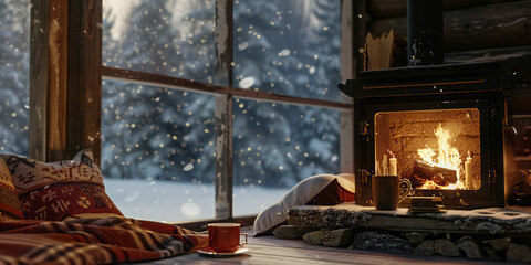 fireplace in the house,  a crackling fireplace inside a cozy winter cabin, with snow falling outside the window and warm blankets and mugs of hot cocoa nearby, creating a snug and inviting ambiance.