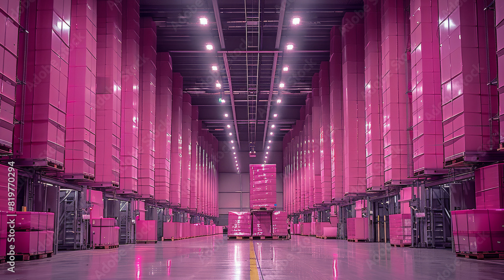 Poster giant depot with pink package from floor to ceiling. generative ai.