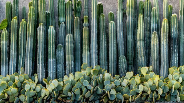 A Garden Of Cacti And Other Succulent Plants, With A Stone Wall In The Background