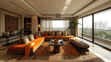 A lavish apartment home adorned with contemporary designs and traditional Indian influences. Ai Generated