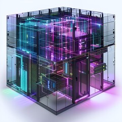 3D server room model, all 4 walls are glass, strong, containing many servers in the form of innovative technology of the future world.