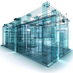 3D server room model, all 4 walls are glass, strong, containing many servers in the form of innovative technology of the future world.
