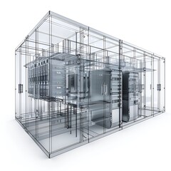 3D server room model, all 4 walls are glass, strong, containing many servers in the form of innovative technology of the future world.