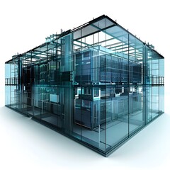 3D server room model, all 4 walls are glass, strong, containing many servers in the form of innovative technology of the future world.