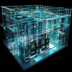 3D server room model, all 4 walls are glass, strong, containing many servers in the form of innovative technology of the future world.