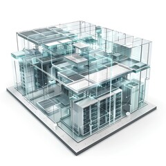 3D server room model, all 4 walls are glass, strong, containing many servers in the form of innovative technology of the future world.