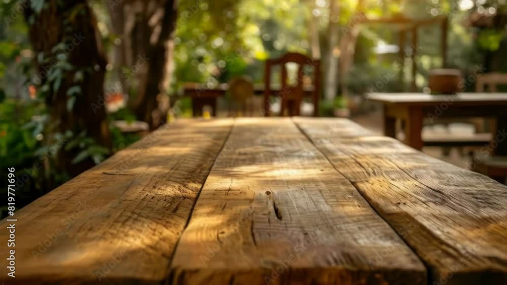 Aufkleber a wooden table with a few chairs around it. the table is empty and the chairs are not in use. the sc