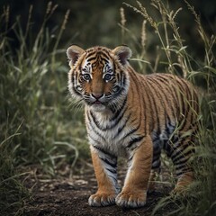 Obraz premium A tiger cub exploring its surroundings with curiosity and wonder.