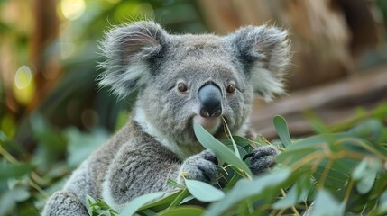 A Cute And Cuddly Koala Bear Eating Eucalyptus Leaves In Its Natural Habitat