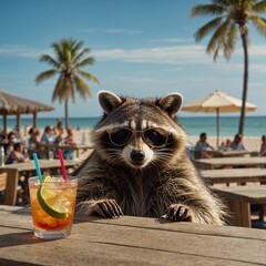 "Raccoon in sunglasses with a cocktail on a swing."