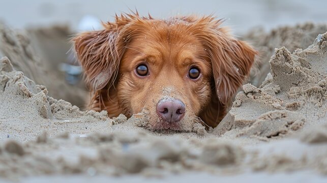 A Cute Brown Golden Retriever Dog Is Digging A Hole In The Sand At The Beach.