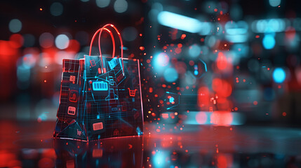 A digital image of a shopping bag with a QR code on it. The image is in a futuristic setting with neon lights and a sense of technology