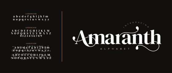 Amaranth elegant font alphabet uppercase lowercase and number. Classic lettering minimal fashion designs. Typography modern serif fonts regular decorative vintage concept. Vector illustration