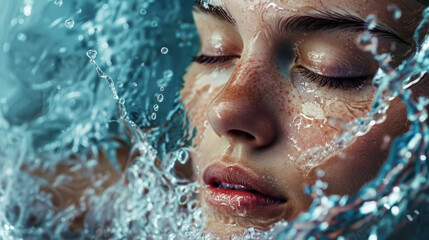 Aesthetic young woman face with closed eyes and splashing water, moisturizing concept, beauty advertising. Generative AI