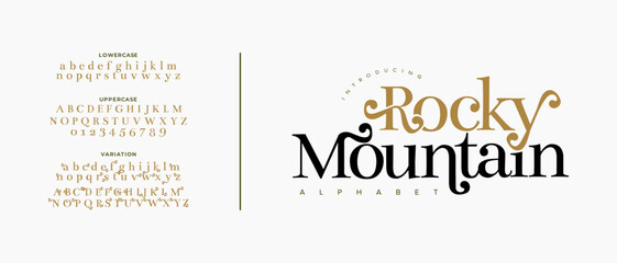 Rocky elegant font alphabet uppercase lowercase and number. Classic lettering minimal fashion designs. Typography modern serif fonts regular decorative vintage concept. Vector illustration