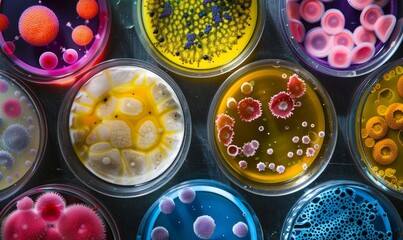 Naklejka premium Close-Up Image of Diverse Bacterial Cultures in Petri Dishes