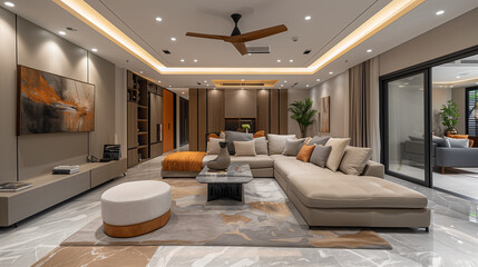 A lavish apartment home living room adorned with contemporary designs and traditional Indian influences. Ai Generated