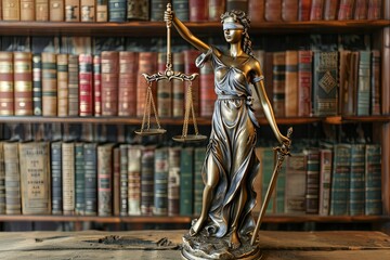 Law and justice, legality concept, lady of justice, scales of justice and judge Havel on wooden background