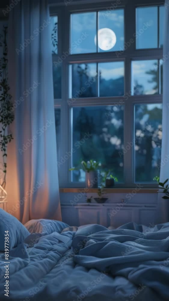 Poster a bedroom with a bed and a window. the window is open and the moon is shining through it