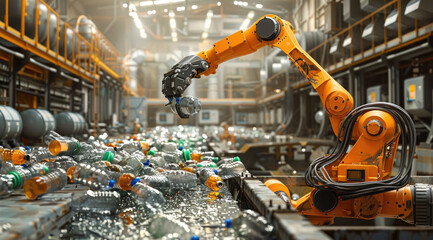 A robotic arm is picking up plastic bottles from the floor of an industrial plant, surrounded by other robots and machines working on different stages in the recycling process.