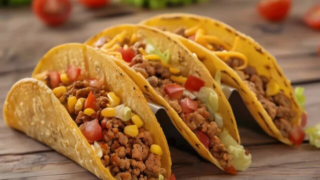 Three tacos with meat, corn, and tomatoes. The tacos are on a wooden table