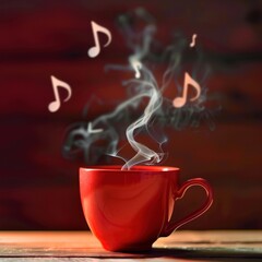 A red cup of coffee with smoke in the shape of musical notes