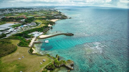View of Yomitan Village, Cape Zanpa, Okinawa, Japan, with beautiful turquoise ocean