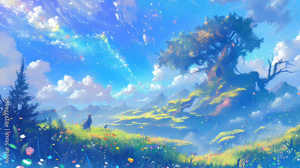 Sticker Beautiful fantasy world, serene landscape with magical creatures