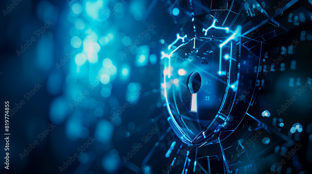 Poster a blue and white image of a lock with a key on it. concept of security and protection, as the lock i