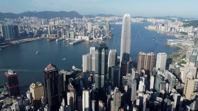 Aerial video of the International Finance Centre (IFC) in Central Hong Kong
