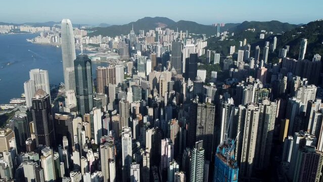 Aerial video of the International Finance Centre (IFC) in Central Hong Kong