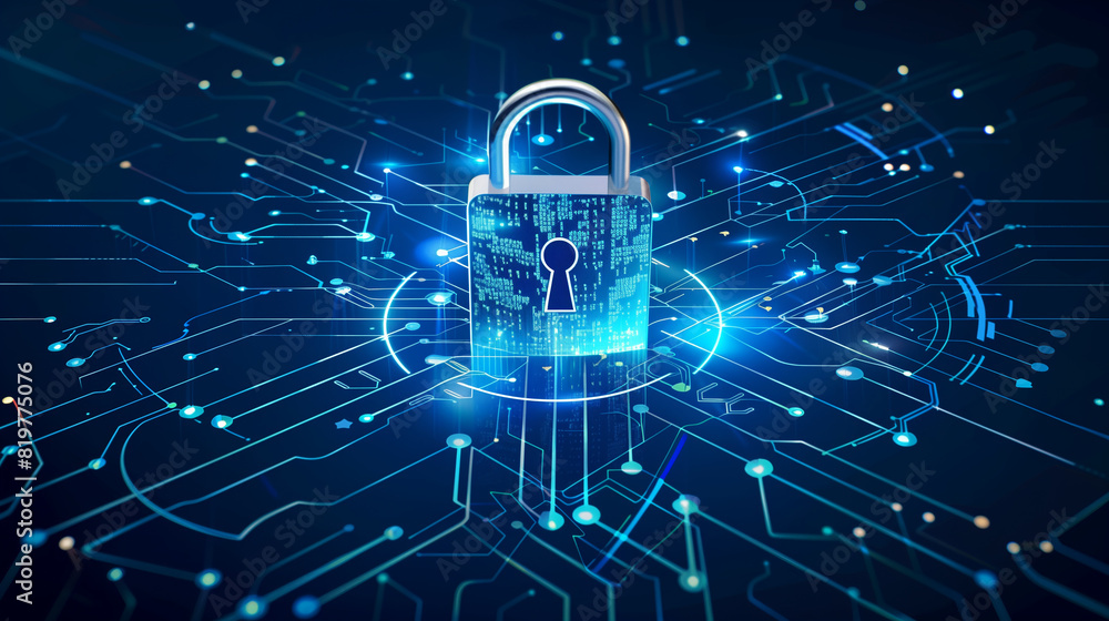 Poster a blue and white image of a lock with a key on it. concept of security and protection, as the lock i