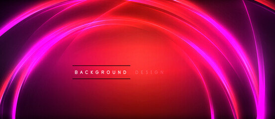Neon glowing circle rays, light round lines in the dark, planet style neon wave lines. Energetic electric concept design for wallpaper, banner, background
