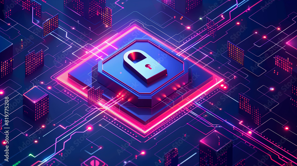 Poster a blue and white image of a lock with a key on it. concept of security and protection, as the lock i