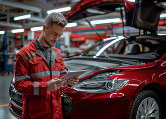 Young car mechanic using digital tablet with service and maintenance app on screen while inspecting vehicle in auto repair shop