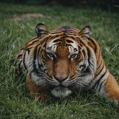 A tiger reclining in the grass with its eyes closed in contentment.

