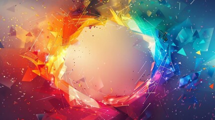 Geometric abstract art with sharp lines and rainbow elements around the edges, central area left blank for text