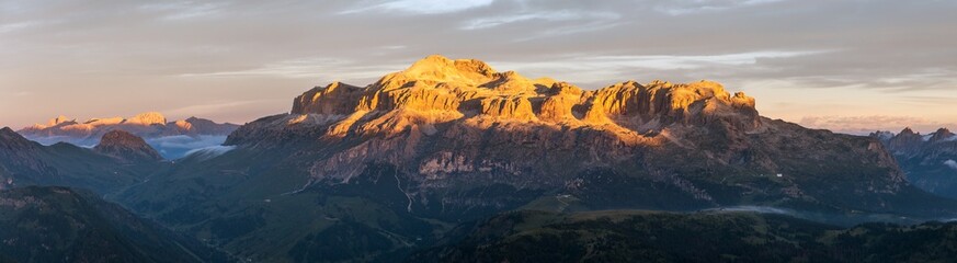 morning panoramic view of mount Sella Alps Dolomites