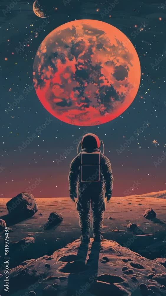 Poster a man in a spacesuit stands on a rocky surface looking up at a large red planet. sense of wonder and