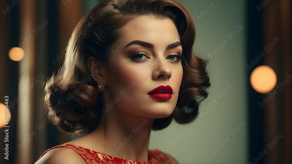 Wall mural a woman with a glamorous vintage look, red lipstick, and a classic hairstyle poses professionally - Wall murals