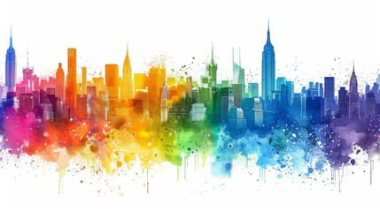 Fototapeta premium Monochrome cityscape with rainbow decorations around the edges, central area left blank for text