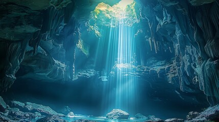 A mysterious cave entrance with rugged rock formations, dimly lit by natural sunlight filtering in...