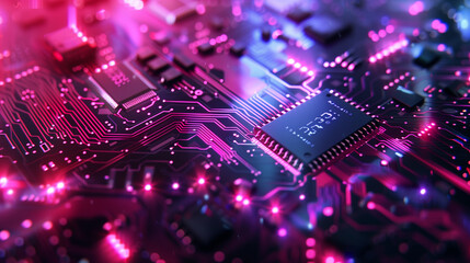 Fototapeta premium A computer chip with a purple and blue background. The chip is made up of many small squares and is very colorful